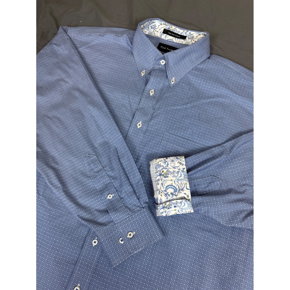 Paul Fredrick Mens Blue Geometric Non-Iron Cotton Classic Fit Shirt 17.5 x 34